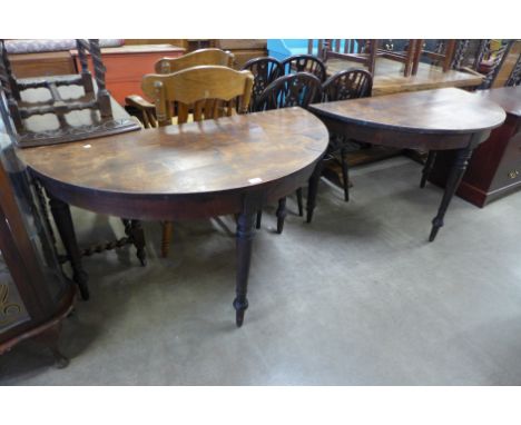 A pair of George IV style beech demi-lune console tables 
