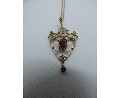 9ct Gold Ruby and Pearl Pendant on 9ct Gold Chain - 3.4gms 