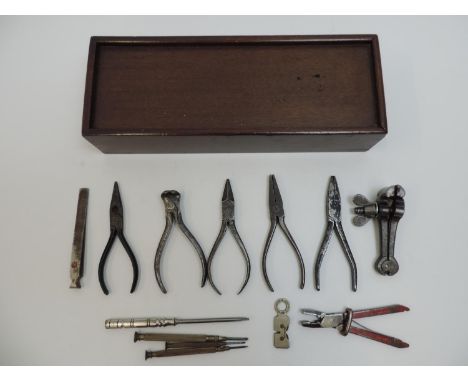 Small Mahogany Box and Contents - Engineers Tools 