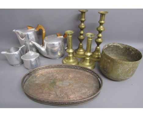 Picqout ware tea set, brass candle holders, planter and silver plate tray&nbsp;