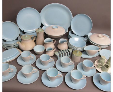 Large collection of Poole blue and grey table and dinner ware includes tureens, plates, bowls, teapot, cups, saucers etc