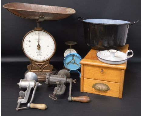 Salter No 50T scales &amp; small set of letter balance scales, wooden counter top shop till, enamel pan, mincers etc.
