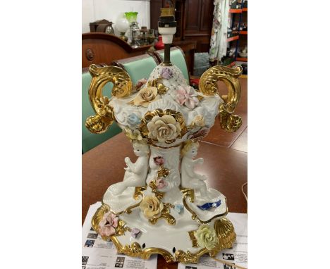 large ceramic table lamp with figural &amp; floral decoration (some slight damage)&nbsp;