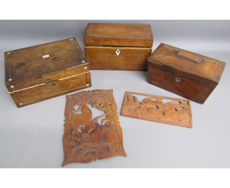 Tea caddy with liners and glass bowl, sarcophagus tea caddy, Victorian jewellery box with mother of pearl inlay and 2 thin wo