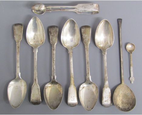 6 Georgian silver teaspoons engraved R to handle, F.Y. London silver spoon 1958, R.Lindsay Oban 1927 mustard spoon with cross