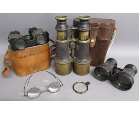 3 sets of binoculars, pair of glasses and a monocular - Grand Lumiere Paris, Prismoid Hermann Binocular London with case &amp