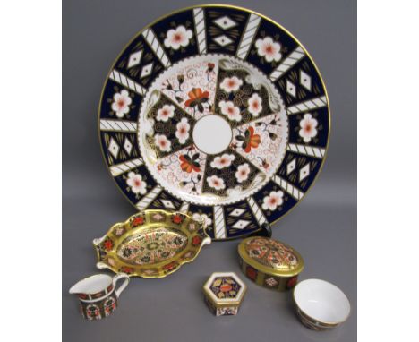 Royal Crown Derby 1128 Old Imari oval trinket dish, lidded oval pot, miniature jug bowl and 1298 Imari Floral lidded pot alon