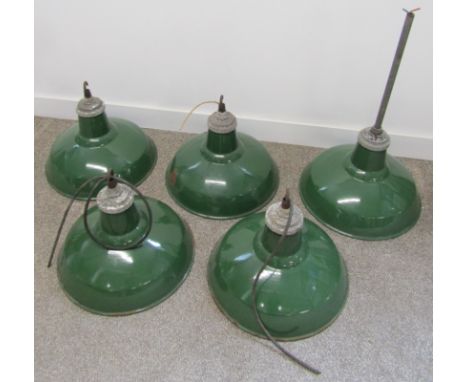 5 green and white enamel industrial ceiling lights with ceramic lamp sockets