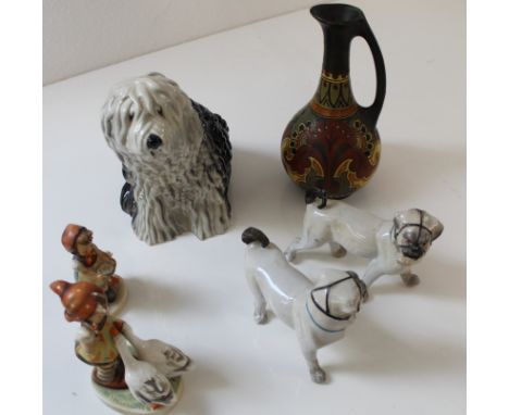 Mixed ceramics to include Beswick Old English Sheep Dog no 453 (chip on nose), pair of Continental Pug Dogs, 2 Hummel figures