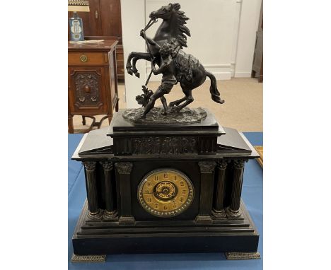 Vincenti &amp; Cie 19th century slate mantel clock surmounted by&nbsp;bronze sculpture after Marly, the horse is reined in by