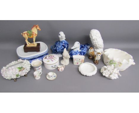 Collection of items includes Libra scale ducks, plant stand, Minton planter &amp; toothpick holder, Royal Worcester lidded po