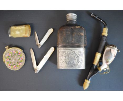 2 x silver and mother of pearl fruit knives, beaded purse, horn snuff box, late Victorian hip flask &amp; German pipe