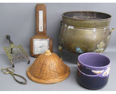 Cauldron style coal bucket and tongs, barometer, planter, kettle stand and Oriental hat