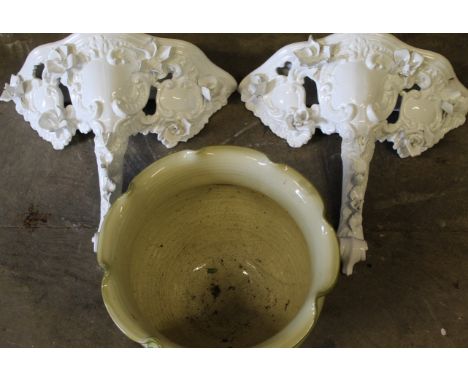 Pair of ornamental wall brackets and large ceramic jardini&egrave;re