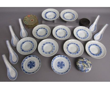 Collection of Chinese bowls and spoons also wax seal pot, sealed shut and damage to lid, 2 footed saucers with blue character