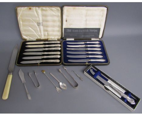 Silver items includes 2 cased sets of knives, William Hutton &amp; Son 1919, John Biggin 1938, Harrison Brothers 1971 boxed c