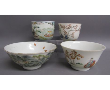 2 Chinese porcelain tea bowls and 2 Chinese porcelain bowls   - white tea bowl with landscape scene with boat, house and tree