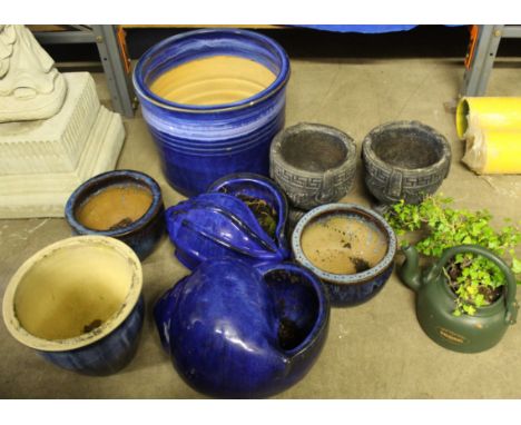 Large blue planter,&nbsp; smaller blue planter, pair of blue planters shaped as shells, pair classical design planters, plus 