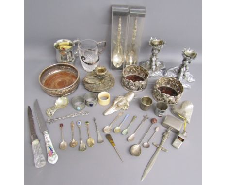 Collection of silver plate and metal ware includes Boma pewter tribal handled salad fork and spoon, Barker Ellis whine coaste