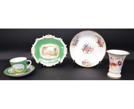 19th century porcelain dish / stand with central hand-painted and printed scene depicting Wentworth House, with gilt decorati