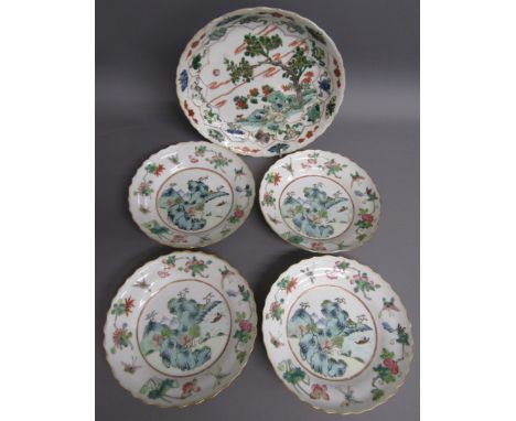 Chinese saucers - white background with tree and hare scene, predominant colours green &amp; red,&nbsp; flowers to base with 