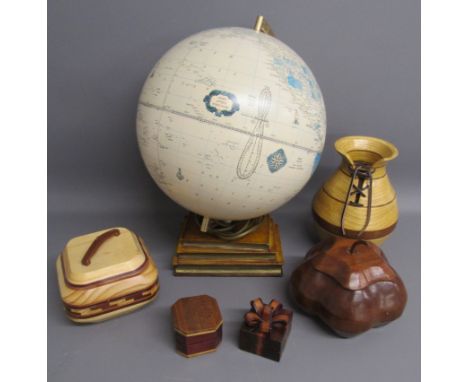 Cram's antique world globe light , lidded wooden boxes and wooden vase with lace up design&nbsp;