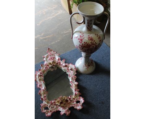 Ceramic wall mirror with floral decoration and large two handled vase. Ht .74m