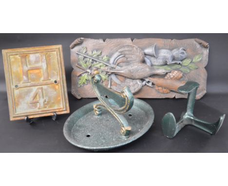 Vintage water hydrant sign, cast iron boot scraper, decorative composition plaque &amp; cobblers last