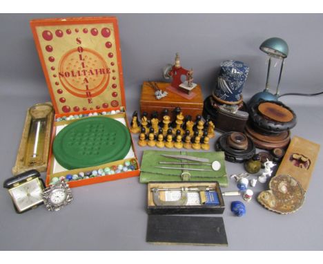 Collection of items includes Hamburg Germany travel clock, first impressions side table quartz clock, caramel thermometer, so