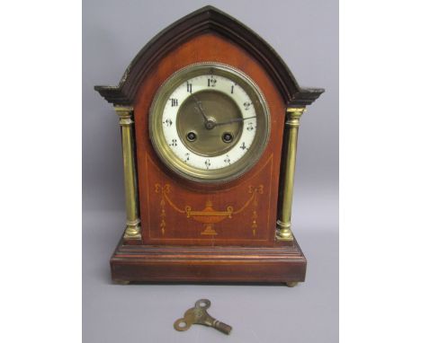 Richard et Cie mantel clock - wooden arched clock with swag inlay and columns, ceramic face and workings marked R &amp; Co Ma