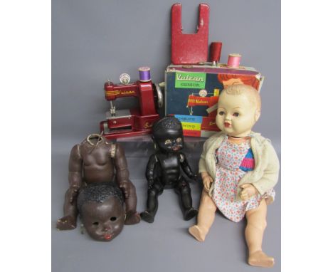 3 vintage dolls and Vulcan Senior sewing machine - Made in England 535811 white doll and 2 black dolls with earrings