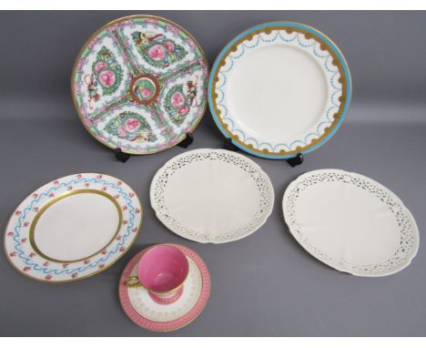 Famille rose porcelain plate, Mintons hand painted &amp; gilded plate, Minton blue and gold edged plate with pink roses, 2 Ro