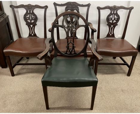 Deeply carved Chippendale style carver dining chairs, pair of similar dining chairs &amp; a balloon back dining chair also in