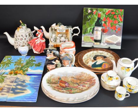 2 Portmeirion teapots, Royal Doulton Figurine Top O The Hill, Canadian Art Print tile picture &amp; one other, Marlborough Ol