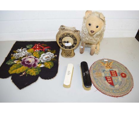 MIXED LOT : A BEADWORK PANEL MARKED 'ST JOHN'S COLLEGE, CAMBRIDGE', A NEEDLE AND BEAD WORK PANEL DECORATED WITH FLOWERS, A PO