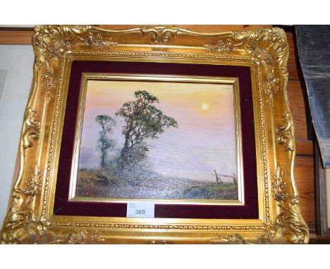 E R HERBERT, RURAL SCENE AT DAWN, OIL ON BOARD SET INTO A GILT FRAME, 39CM WIDE