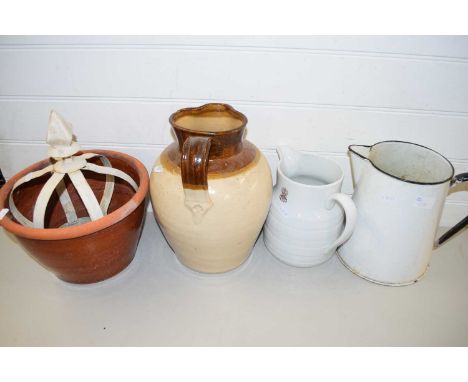 MIXED LOT : LARGE STONEWARE JUG, ENAMEL JUG, GLAZED PLANT POT ETC