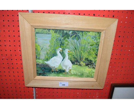 B J HARDING, STUDY OF GEESE, OIL ON CANVAS IN A LIGHT WOOD FRAME, 33CM WIDE