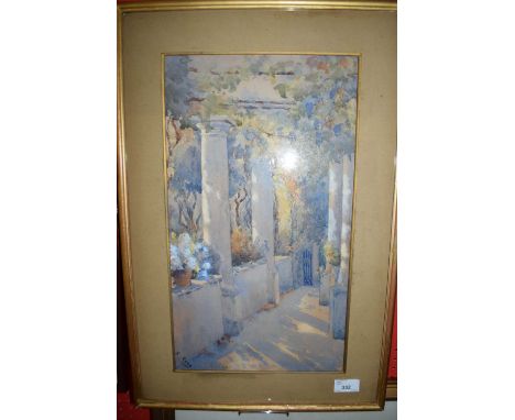 K ROSE, A VIEW ALONG A COLUMNED TERRACE, WATERCOLOUR, GILT F/G, 58CM HIGH
