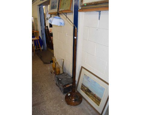 20TH CENTURY HARDWOOD STANDARD LAMP WITH BRASS ARM AND OPAQUE GLASS SHADE