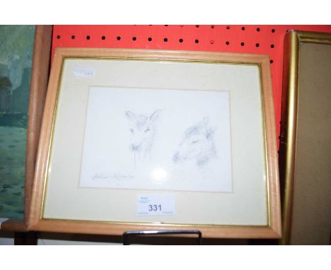 ARTHUR E DAVIES, RBA, RCA, PENCIL SKETCH, THE HEAD OF TWO DEER, F/G, 25CM WIDE