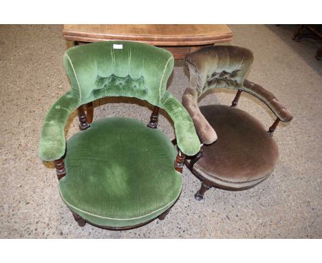 NEAR PAIR OF LATE 19TH CENTURY GREEN UPHOLSTERED BOW BACK CHAIRS