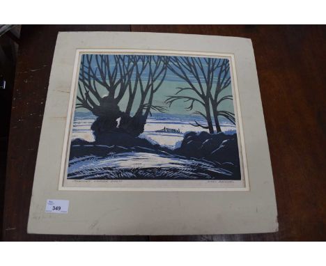 NOEL DENNES, 'MARSHES UNDER SNOW', COLOURED PRINT, MOUNTED, BUT UNFRAMED, 42CM WIDE
