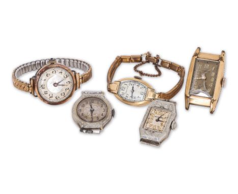 A GROUP OF VINTAGE AND ART DECO WATCHES
Comprising: a Belais 18K white gold watch, with engraved case and dial; a similar rec