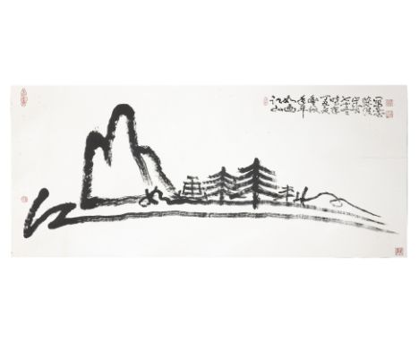 CHEN HONG (B.1925) - LANDSCAPE WITH CALLIGRAPHY, 1997
Ink on paper, signed and stamped with artist seal, unframed
80 x 179cm 
