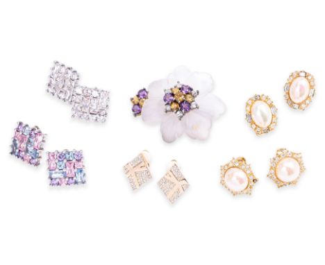 A GROUP OF ASSORTED DESIGNER EARRINGS
Comprising two pairs of Christian Dior gold-tone clip-on earrings, each with central fa