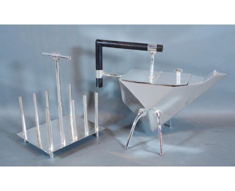 A Silver Plated Teapot in the style of Christopher Dresser together with a four division toast rack 