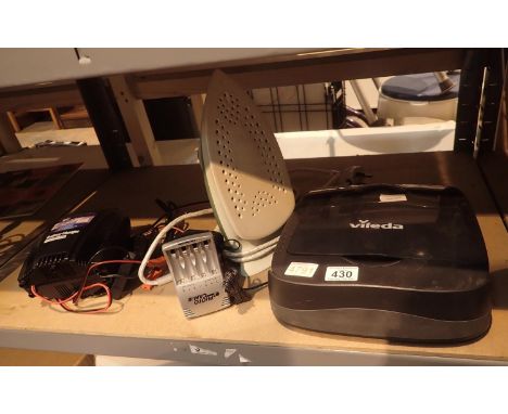 Vileda VR100 7.2v hoover battery charger car charger and Azur iron. Not available for in-house P&P, contact Paul O'Hea at Mai