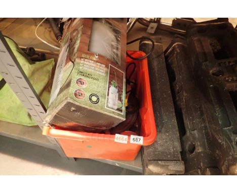 Box of mixed gardening and workshop tools and a lamp. Not available for in-house P&amp;P, contact Paul O'Hea at Mailboxes on 