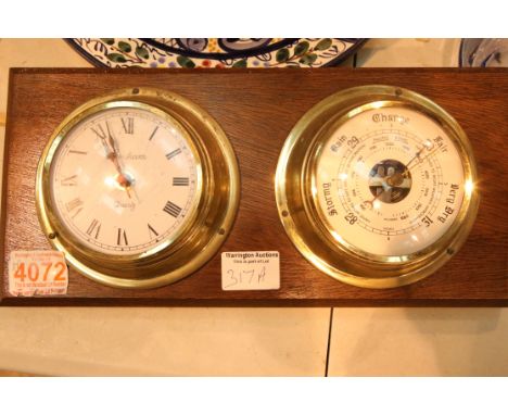 Mahogany mounted brass clock and barometer. P&amp;P Group 3 (£25+VAT for the first lot and £5+VAT for subsequent lots) 